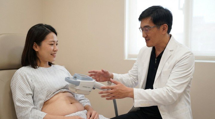 醫師於診間為患者講解隔空減脂原理 醫美儀器面板懸浮進行隔空減脂操作 標靶射頻加熱皮下脂肪達到隔空減脂 躺著進行腹部大面積隔空減脂療程