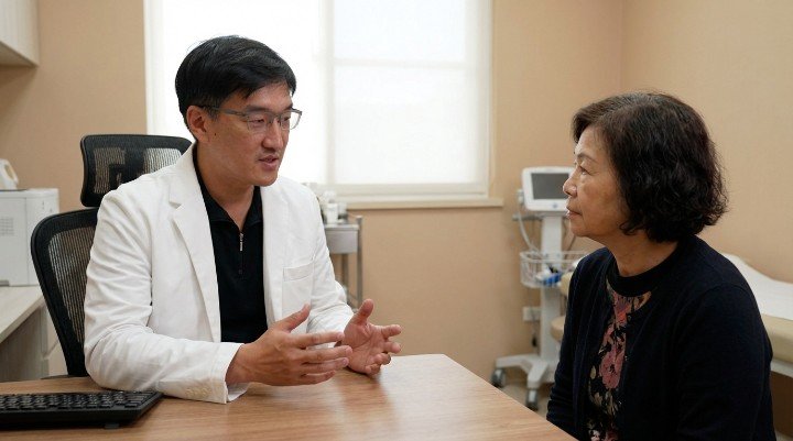 醫師在診間說明體脂肪過高對健康的影響。 充足睡眠的人體型更健康遠離體脂肪過高。 檢測儀器顯示體脂肪過高的身體組成數據。 透過優質規律睡眠改善體脂肪過高的情境。