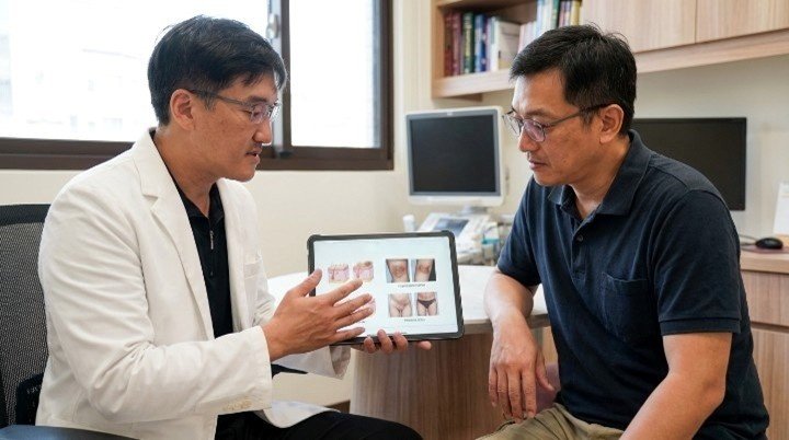 診所內吳紹琥醫師解說身體美白療程 針對膝蓋暗沉進行身體美白雷射治療 私密處美白諮詢與身體美白局部護理 居家保養產品搭配身體美白複合療程