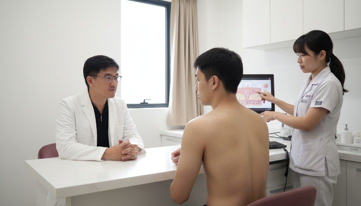 - 專業醫學美容師正在進行背部水飛梭深層清潔 - 背部水飛梭專利探頭於背部肌膚滑動清除角質 - 接受背部水飛梭療程後呈現的光滑透亮美背