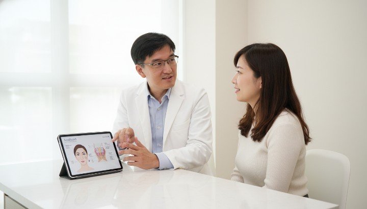 醫師門診評估如何利用精靈針改善淚溝 精靈針多孔性微球結構有效改善淚溝 術後對比圖呈現自體組織改善淚溝效果