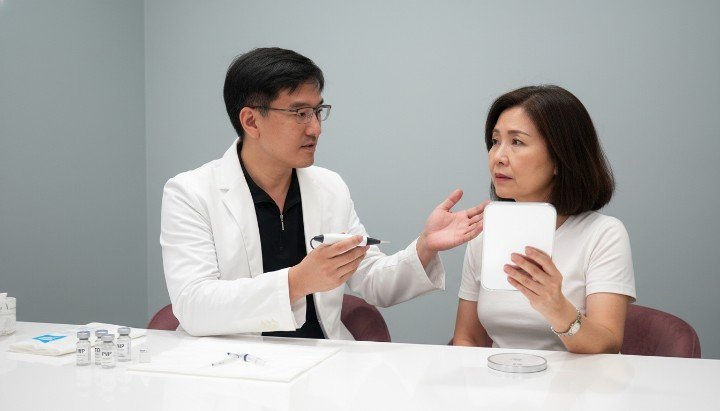 專業醫師示範微針PRP療程進行臉部修復 微針PRP結合生長因子促進膠原蛋白增生 診間諮詢微針PRP改善凹陷性痘疤與毛孔 透過微針PRP技術達到肌膚深度再生美學