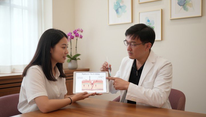 醫師說明如何評估合理的消除眼袋費用 患者諮詢玻尿酸填補與消除眼袋費用 展示輕度眼袋案例並解析消除眼袋費用 診所內專業醫美環境與消除眼袋費用諮詢