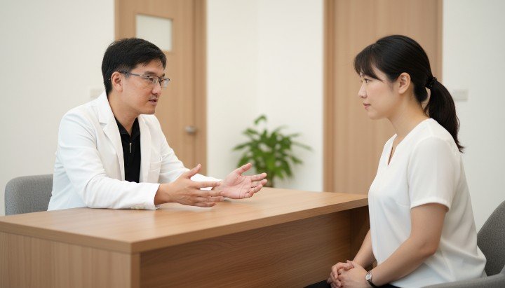 醫師在明亮診間詳細說明如何有效消除眼袋 模特兒展示臥蠶與眼袋差異以便消除眼袋 醫美手術室設備輔助專業醫師消除眼袋