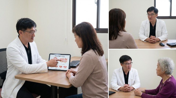 醫師在診間與病患討論私密處緊實療程建議。 專業儀器展示再生醫學輔助私密處緊實的原理。 溫馨舒適的診所環境提供私密處緊實諮詢服務。