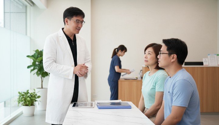 穿著白袍的吳紹琥醫師解說醫學美容電波原理 患者在診間諮詢專業醫學美容電波拉提方案 醫學美容電波儀器探頭在臉部進行緊緻療程