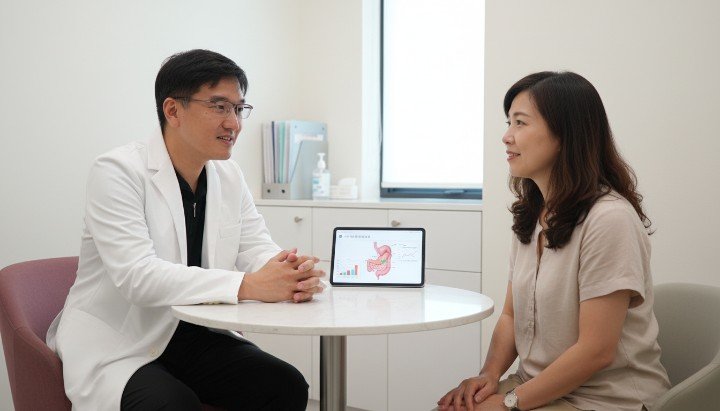 [醫師在診間與患者討論減肥針腸胃副作用。] [顯微鏡下的胃黏膜與減肥針腸胃作用示意。] [萊攸診所專業設備評估減肥針腸胃健康。] [專業營養師建議適合減肥針腸胃調適的飲食。]