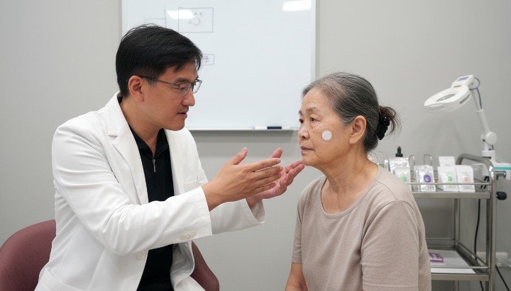 吳紹琥醫師手拿痘痘貼產品解說原理 放大顯示痘痘貼吸收組織液變白過程 針對不同類型痘痘標註是否適合痘痘貼 使用痘痘貼前應保持患部皮膚清潔乾燥