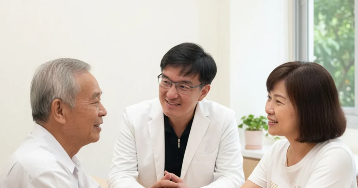 醫生正在解釋肝斑去除的有效治療方法，光線柔和，專注的神情
