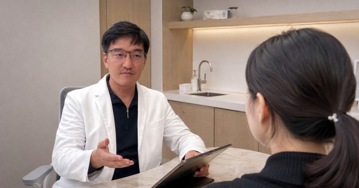 吳芮醫師療程說明推薦，醫師正在解釋臉部結構與電音波作用。